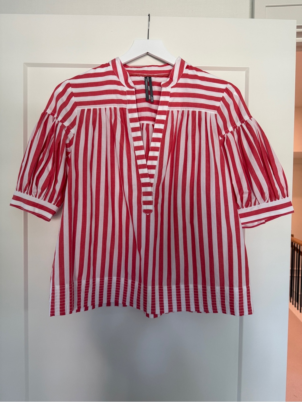 Red & White Striped Peasant Blouse - Lightweight Women’s Top, S